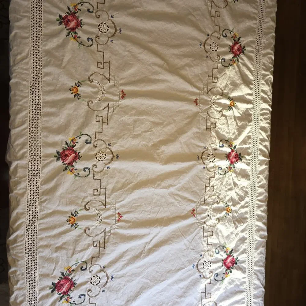VTG Embroidered Cross Stitch Linen Tablecloth 112x64 White Crochet Edge Handmade